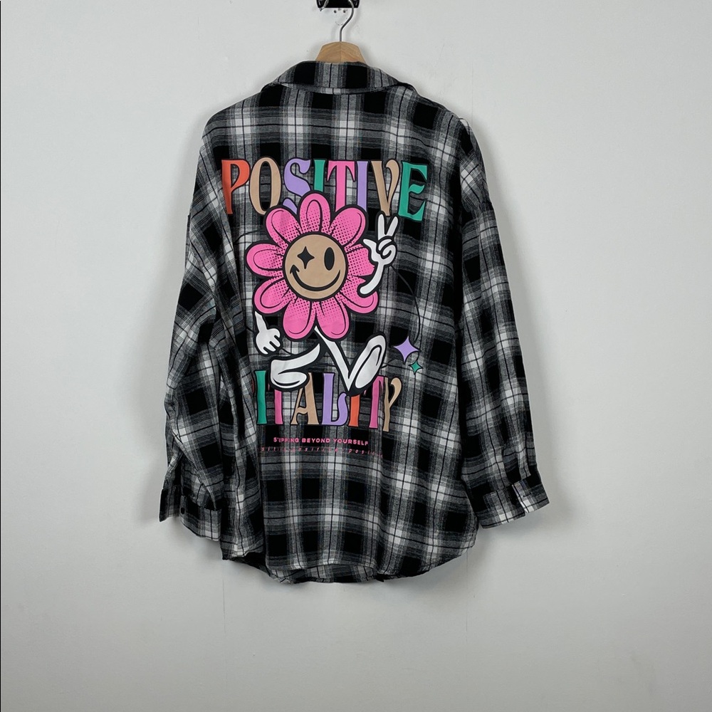 Shein Streetwear Plaid Flannel Oversized Shirt with Positive Flower Graphic 3X - Picture 1 of 8